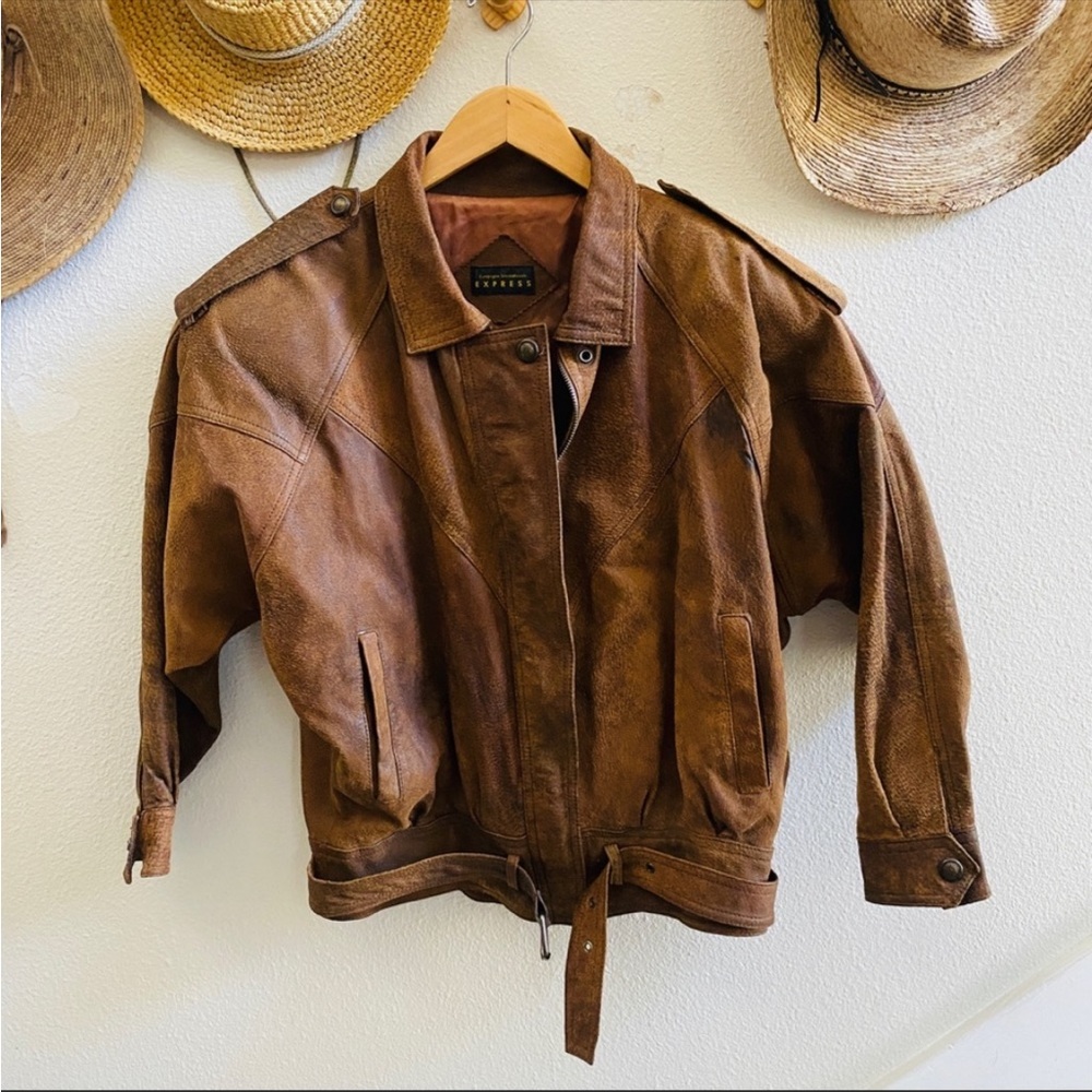 Express womens brown vintage leather bomber jacket distressed 90s S